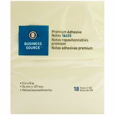 Business Source Repositionable Notes 3 x 5 Yellow