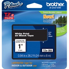 P-touch TZe Laminated Tape - x 1 inch Width x 26 1/5 ft Length - Rectangle - Thermal Transfer - White, Black - Water Resistant - Laminated - 1 Each