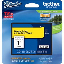 Brother TZe Laminated Tape - x 1 inch Width x 26 1/5 ft Length - Rectangle - Thermal Transfer - Yellow - Water Resistant - Laminated - 1 Each