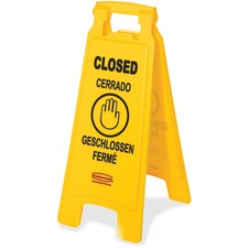 Rubbermaid Commercial Closed Multi-Lingual Floor Sign - English, French, German, Spanish - Print/Message "CLOSED" - 11" Width x 25" Height x 12" Depth - Rectangular Shape - Hanging - Double Sided - Lightweight, Durable, Multilingual, Fade Resistant, Corrosion Proof, Rust Resistant, Lockable, Foldable, Lockable, Foldable - Janitor Cart, Storage - Plastic - Yellow - 1 Each