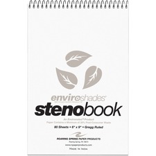 Roaring Spring Enviroshades Recycled Spiral Steno Memo Book - 80 Sheets - 160 Pages - Printed - Spiral Bound - Both Side Ruling Surface - Gregg Ruled Front Ruling - 0.50" Ruled - Gregg Ruled Red Margin - 15 lb Basis Weight - 56 g/m² Grammage - 9" x 6" Sheet Size - 1.25" Height x 6" Width x 9" Length - Gray Paper - Black Binding - Gray Board Cover - Chipboard Backing, Perforated, Unpunched, Smooth, Heavy Duty Cover, Snag Resistant, Durable, Easy Tear - Recycled - 4 / Pack