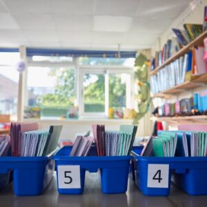 Organiser For Elementary Or Primary School Exercise Books And Folders In Classroom