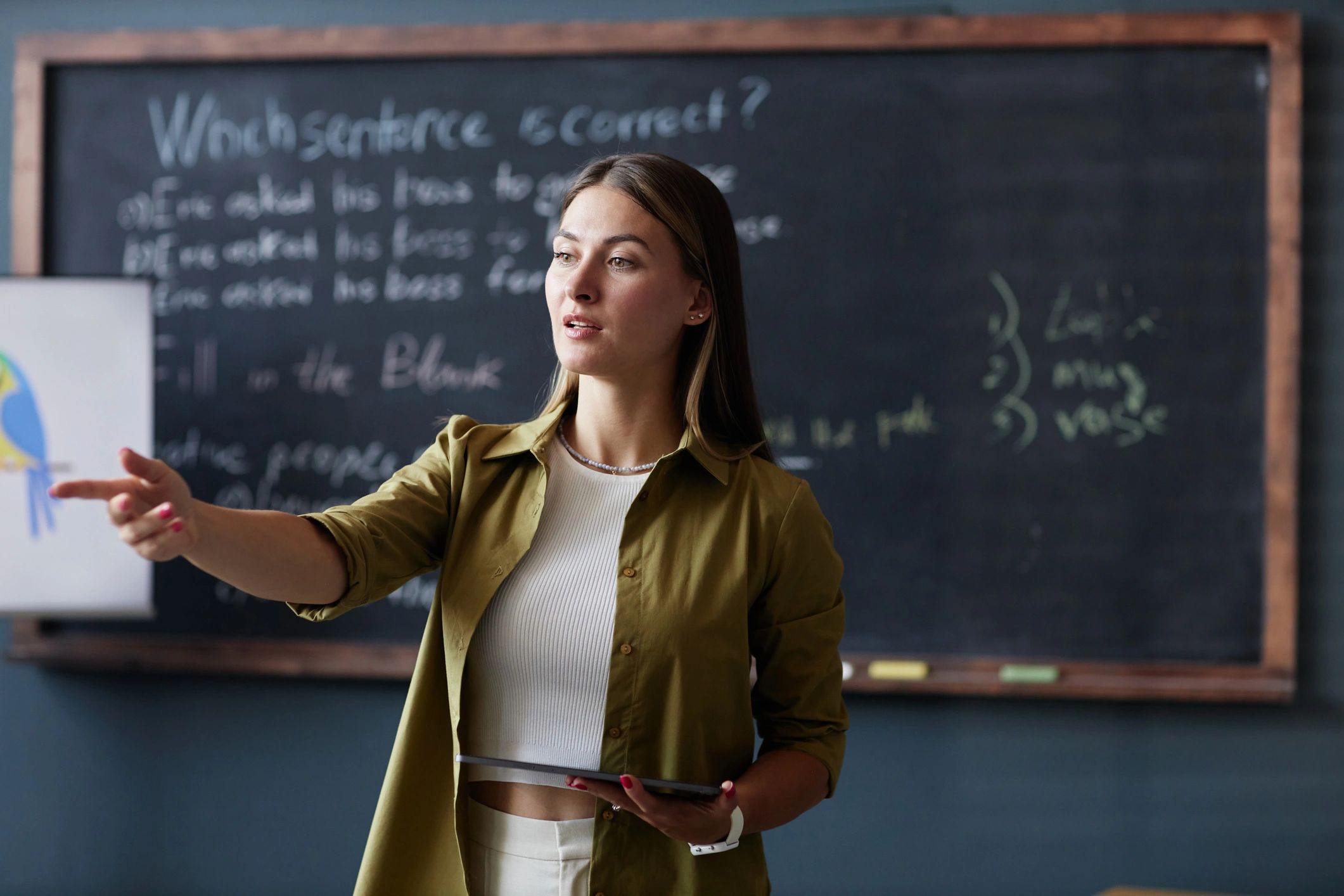 Teacher speaking with a student in a classroom