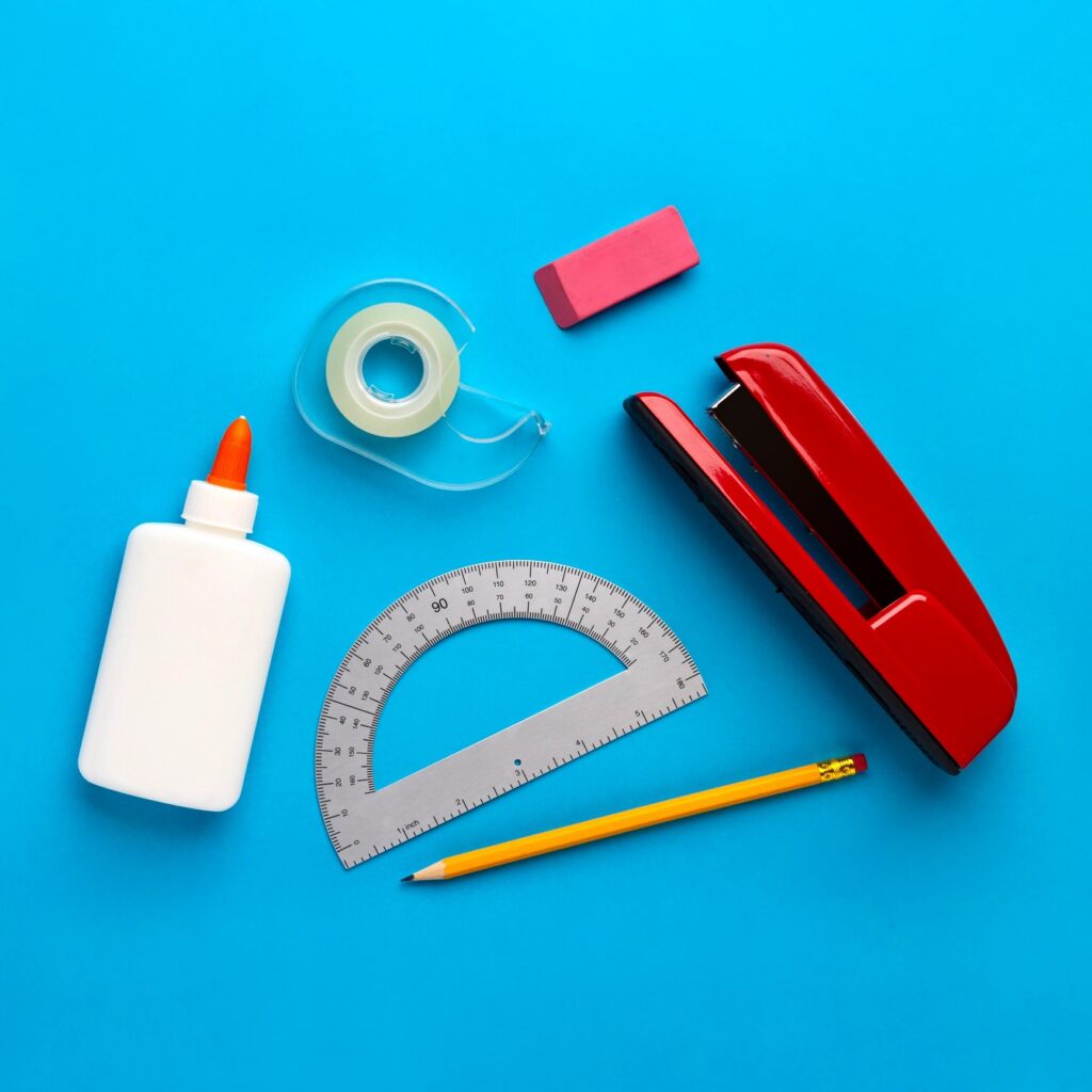 Colorful School Supplies on a Blue Background
