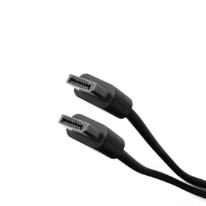 two black DisplayPort cables with male connectors, positioned diagonally against a clean, white background