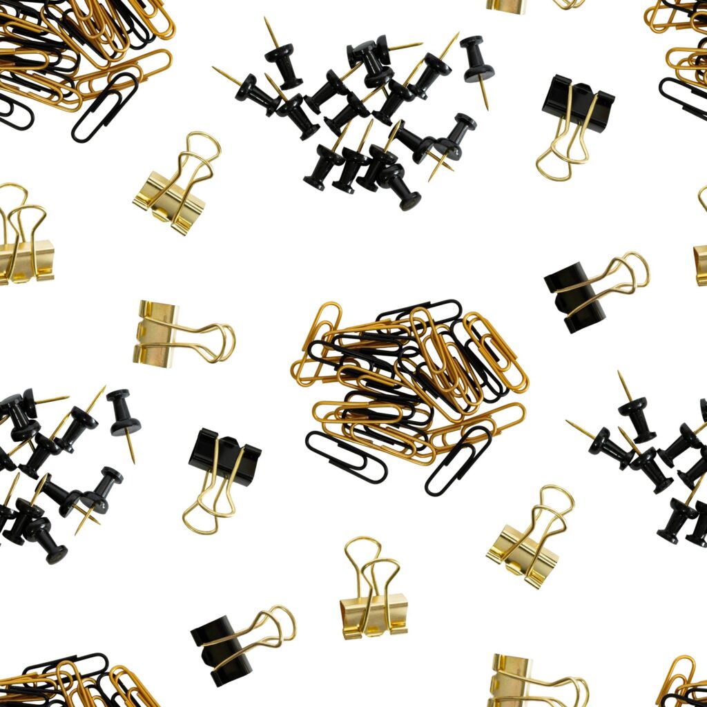 Office stationery seamless pattern with paper clips thumbtacks binder clips