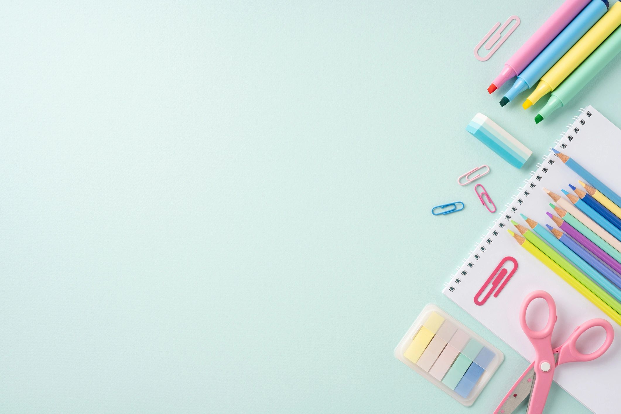 Flat lay of colorful school stationery