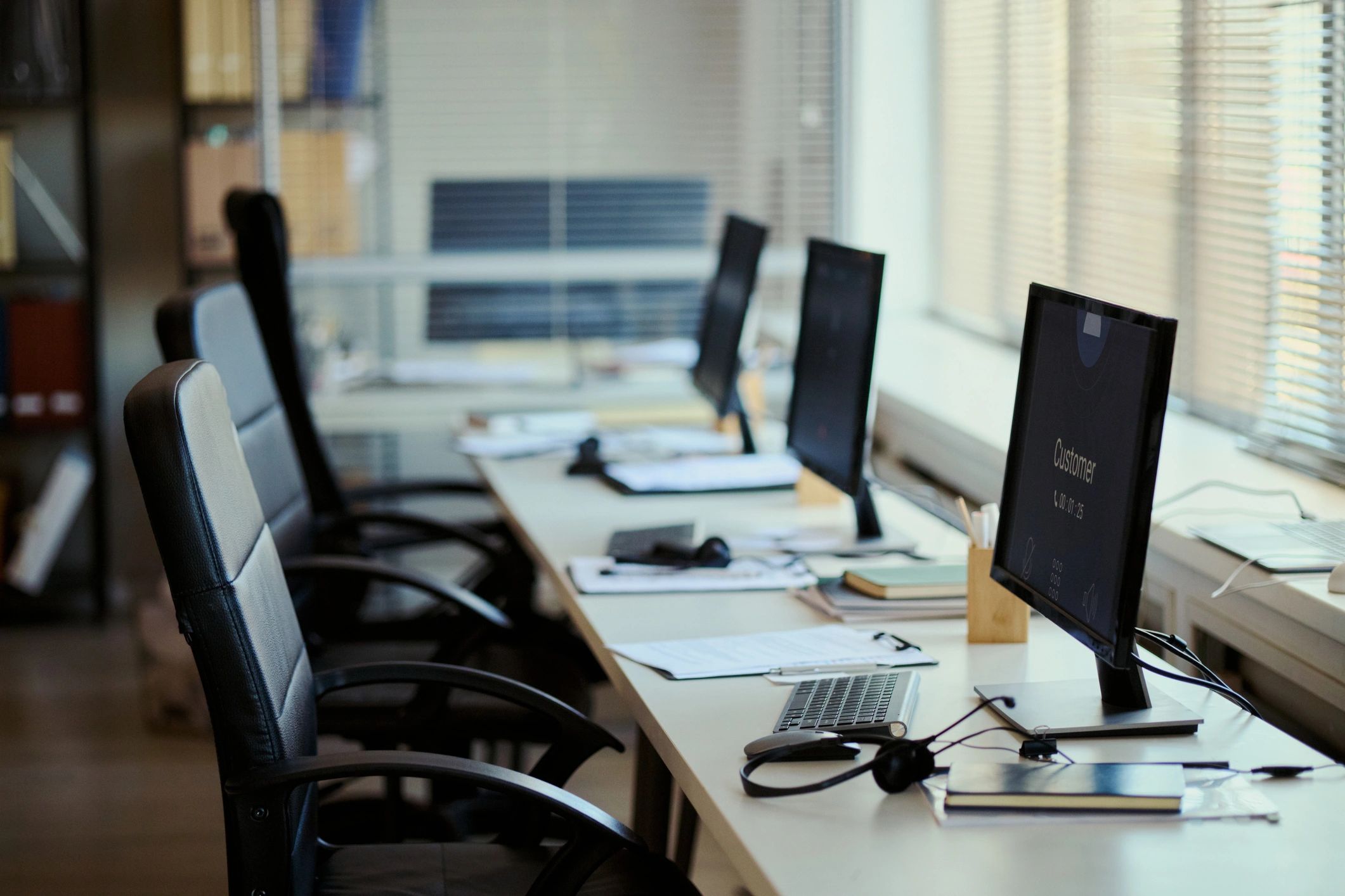 Call Center Workstations Standing Ready for Customer Support Team